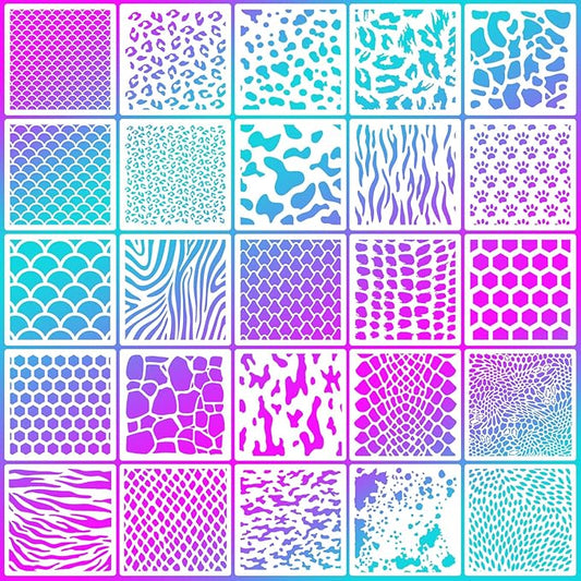 25 Pcs Cookie Stencils for Royal Icing Animal Skin Print Baking Stencil, Reusable Leopard Cheetah Cow Snake Skin Template Stencil for Cake Baking DIY Craft Painting, 6 x 6 Inch