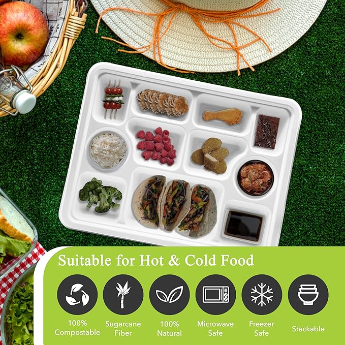 three leaf 11 Compartment Bagasse Rectangular Plate, 200 Ct. PFAS-Free, Heavy Duty, Sugarcane Fiber, Eco Friendly Disposable, 100% Biodegradable, Microwave and Freezer Safe, Ideal for Lunch, Buffet