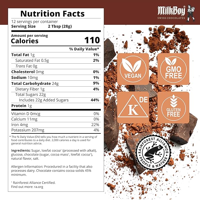 Milkboy Swiss Chocolates Gluten Free Hot Chocolate Mix for Cold or Hot Cocoa - Kosher, Vegan, Gourmet Swiss Chocolate Drink Mix, Made in Switzerland, Rainforest Alliance Certified Cocoa, 12 OZ