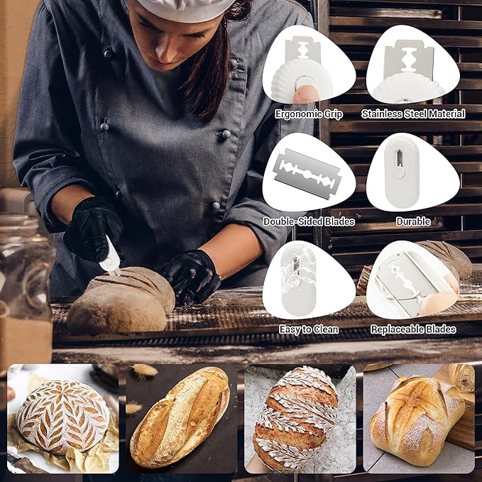 UFO Non-Slip Bread Lame - Professional Dough Scoring Tool with 5 Razor Blades,Sourdough Scorer Kit for Artisan Bread Baking,Including User Manual (Ripple White)