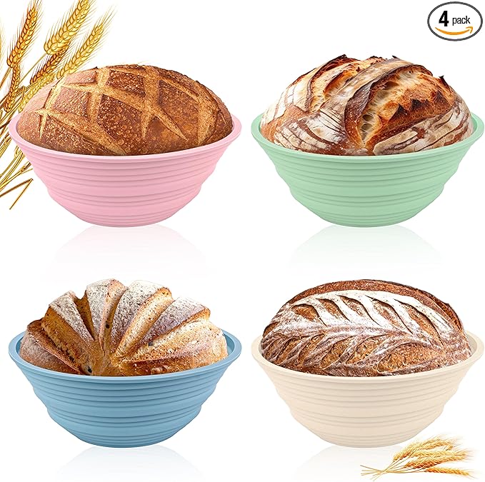 4Pcs Silicone Banneton Bread Proofing Baskets, 10" Round Foldable Non-Stick Dough Proofing Bowl Containers-BPA Free, Optimum Sourdough Bread Baking Supplies