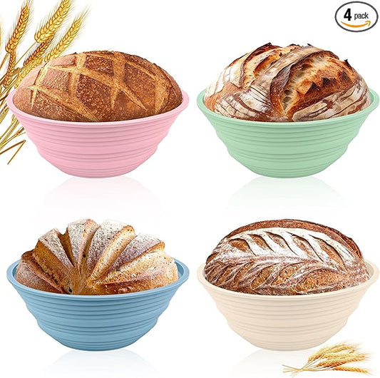 4Pcs Silicone Banneton Bread Proofing Baskets, 10" Round Foldable Non-Stick Dough Proofing Bowl Containers-BPA Free, Optimum Sourdough Bread Baking Supplies