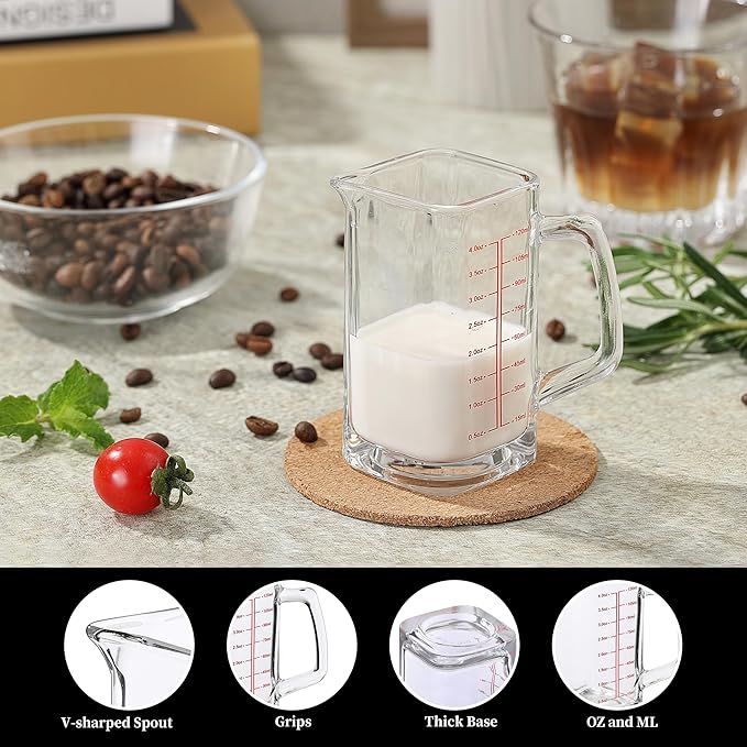 Small Glass Measuring Cup, Espresso Shot Glass with Handle and V-Shaped Spout, Mini Measuring Cup with Thick Bottom for Baking Cocktail and Coffee, 4 oz