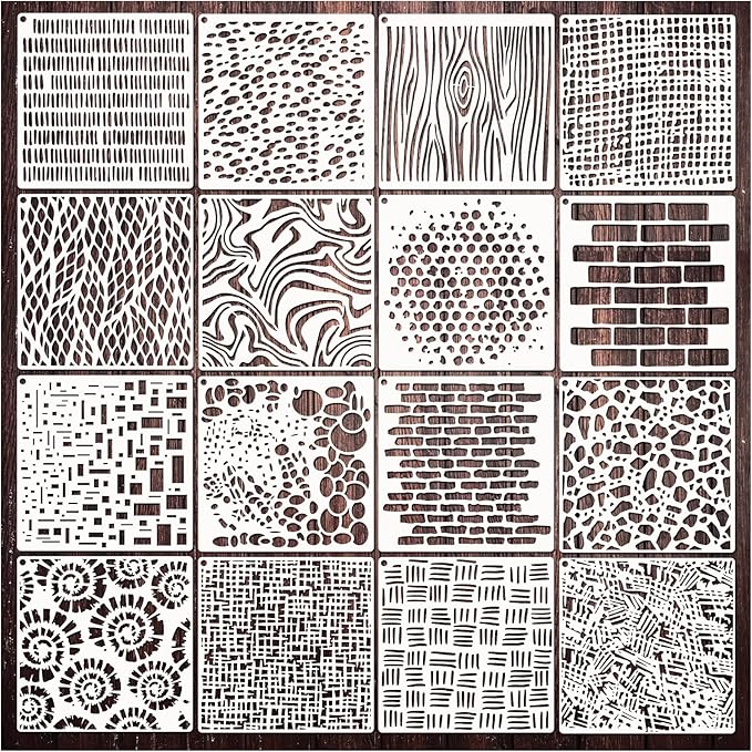 Cubist Stencils for Crafts Reusable 6 X 6 Inch Texture Mixed Media Burlap Art Painting on Wood Wall Canvas Brick Layered Pattern Paint Art Stencils for Card Making (16pcs Cubist)