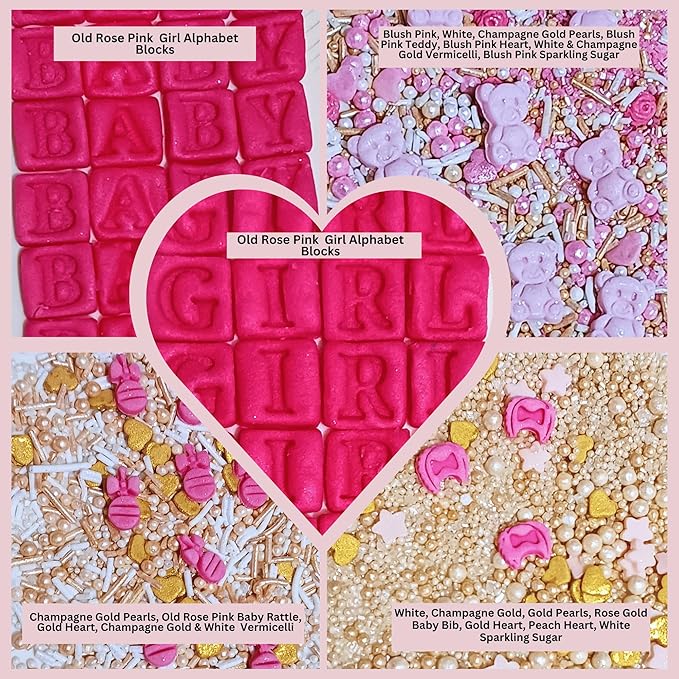 Confect Girls Baby Shower Sprinkles | Mix Gold, Pink & Silver Sprinkles | Pearls Dragees & Jimmies | Asssorted Pack of 5 Mix Heart, Start, Baby Rattle & Teddy Sprinkles | Vegan, Gluten-Free, Nut-Free, Soy-Free, Dairy-Free, Palm Oil-Free - 5 Oz