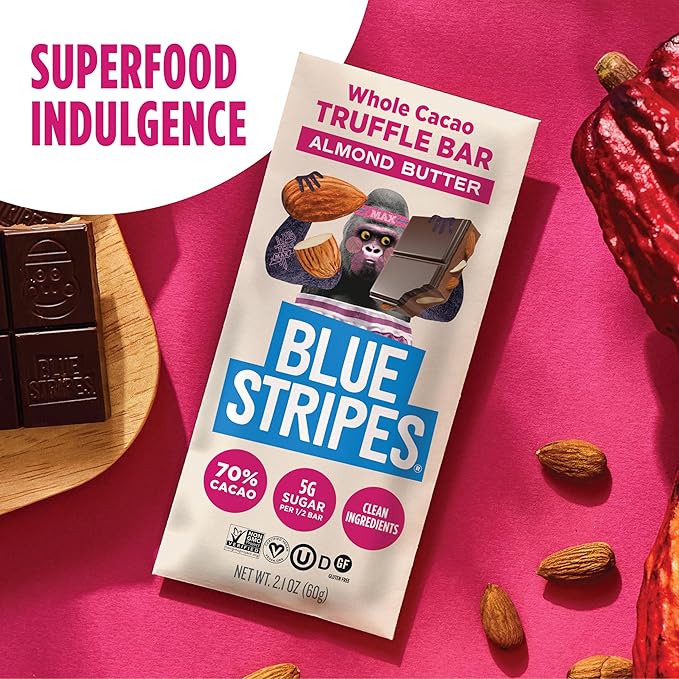 Blue Stripes - Almond Butter Whole Cacao Truffle Chocolate Bars, 70% Cacao, Almond Butter, Healthy Chocolate, Vegan, No Refined Sugar, Non GMO, Gluten Free, 2.1 OZ