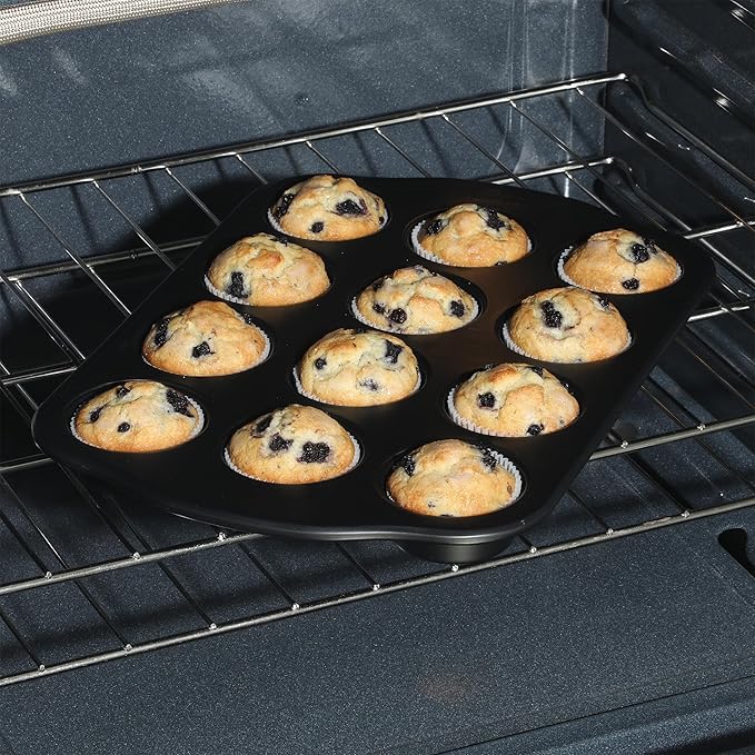 Oster Teston 12-Cup Muffin Pan, Nonstick Carbon Steel Cupcake Baking Tray, Matte Black, PFAS-Free, Easy Release, Oven-Safe Bakeware