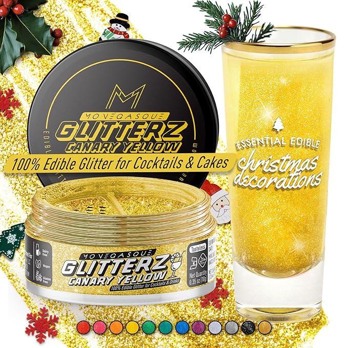 MONÉGASQUE Canary Yellow Edible Glitter for Drinks 10g – Yellow Edible Glitter for Cakes & Cocktails – Cocktail Drink Shimmer Flakes - Food Decorating & Christmas Cake Decorations Spray Dust
