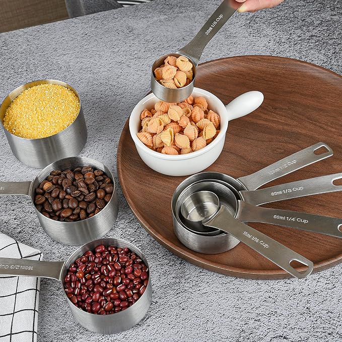 18/8 Stainless Steel Measuring Cups Set, 8 Dry & Liquid Metric & US Measurement Cups for Kitchen & Baking, Heavy Duty Measuring Tools with 1/16,1/8,1/4,1/3,1/2,2/3,3/4 &1 Cup