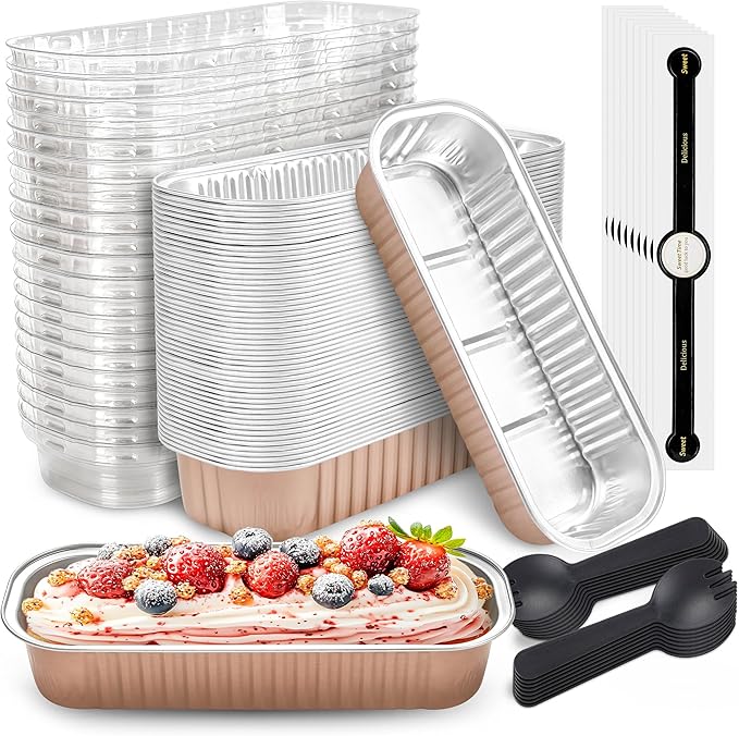 50 PACK Mini Cake Pans with Lids and Spoons, Rectangular Aluminum Foil Bread Pan, Mini Loaf Pans and Food Containers with Lids(Champagne, 6.8oz)