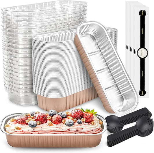 50 PACK Mini Cake Pans with Lids and Spoons, Rectangular Aluminum Foil Bread Pan, Mini Loaf Pans and Food Containers with Lids(Champagne, 6.8oz)
