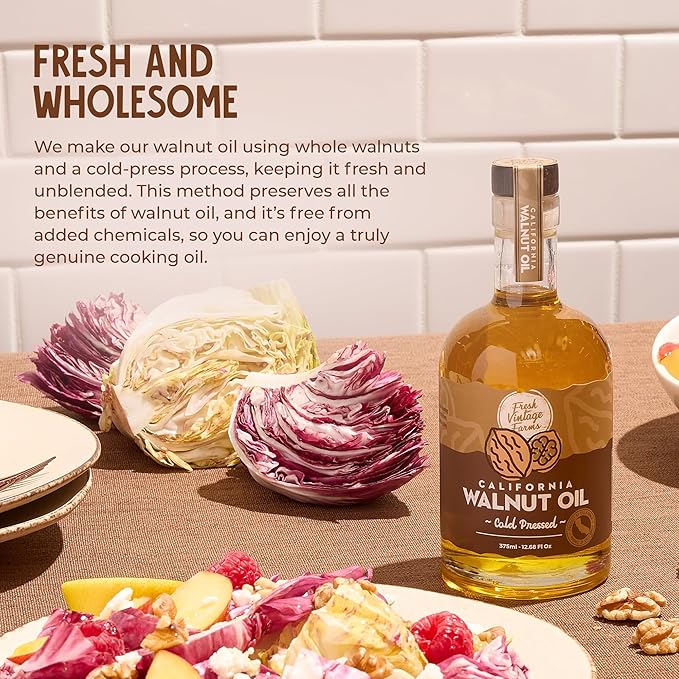 Fresh Vintage Farms 100% Undiluted Cold Pressed Walnut Oil | Wholesome & Nutritious Healthy Cooking Oil for Cooking, Baking, Grilling, Dipping, & Salads | Walnut Oil - 12.68 Fl Oz, Pack of 2