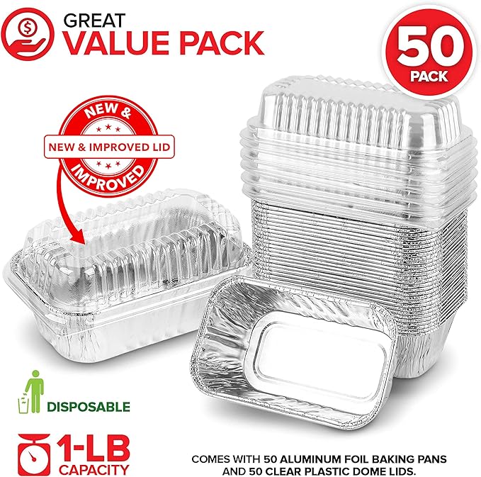 Stock Your Home Disposable Aluminum Mini Loaf Pans with Lids, 1 lb (50 Pack) New & Improved Plastic Dome Lid Foil Baking Tins, Tin Pans for Cake, Bread, Holiday Baked Goods Packaging