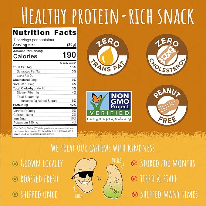 Sunshine Nut Company Whole Roasted Lightly Salted Cashews, Sprinkling of Salt Flavor, 4 Pack, 7 oz. Each, Gluten Free, Peanut Free and Vegan Individual Snack Packs for Kids and Adults, GMO Free