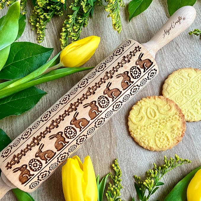 EASTER RIBBON Embossing Rolling Pin embossed Dogh Roller for Embossed Cookies and Pottery by Algis Crafts (Easter Bunnies)