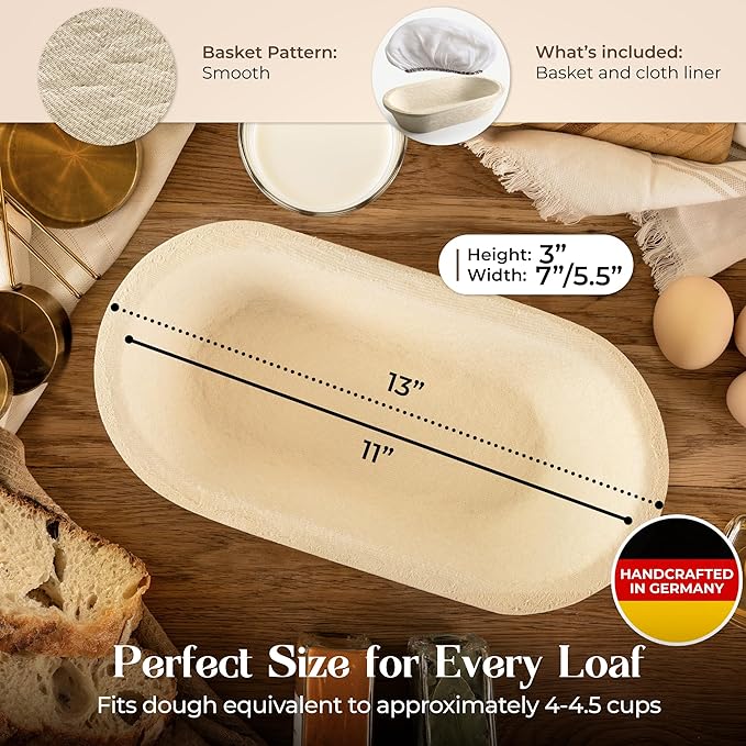 Sourdough Proofing Basket and Starter Jar Kit – 2.2 LB Oval Wood Pulp Banneton (Made in Germany) with 34 oz Sourdough Starter Jar, Thermometer Strips, Day Tracker & Spatula – Bread Proofing Set