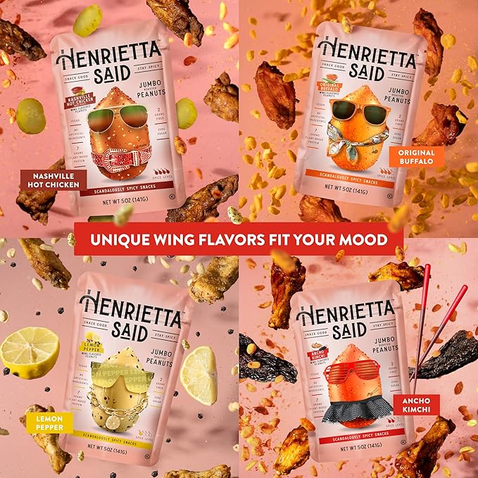 Henrietta Said Wing-Flavored Peanuts - Truly Good Foods Snacking Nuts - Bold Flavors - Savory & Spicy - Jumbo Flavored Peanuts - Protein Packed Vegan Snack - 1 (5-oz) Pack - Ancho Kimchi