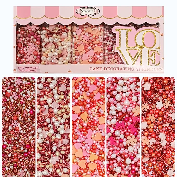 Confect Pink, White & Silver Pearl Heart Sprinkles Mix – Edible Cake, Cupcake & Cookie Decorations – Birthday & Celebration Baking Sprinkles – Pack of 5 | Vegan, Gluten-Free, Nut-Free, Soy-Free, Dairy-Free, Palm Oil-Free- 5 Oz