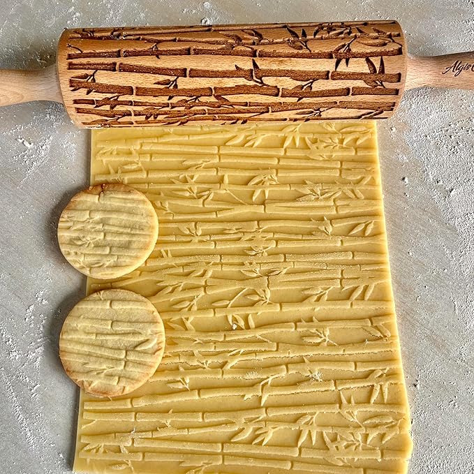 Embossing Rolling Pin BAMBOO – Dough and Clay Roller for Embossed Cookies and Pottery with Asian Bamboo Pattern, Cookie and Ceramic Stamp, Baking Gifts for Women by Algis Crafts