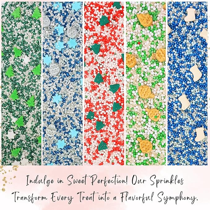Confect Christmas Sprinkles | Christmas Sprinkles - Green White Silver Blue Red Sparkling Sugar I Christmas Tree Stocking & Snowflakes for Dessert Decorating- 5 Oz