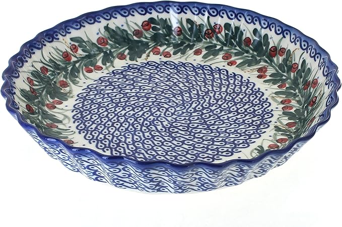 Blue Rose Polish Pottery - Blue Berry Pie Plate - 10.5" Diameter - Ceramic Baking Dish, For Pies, Quiches & Desserts