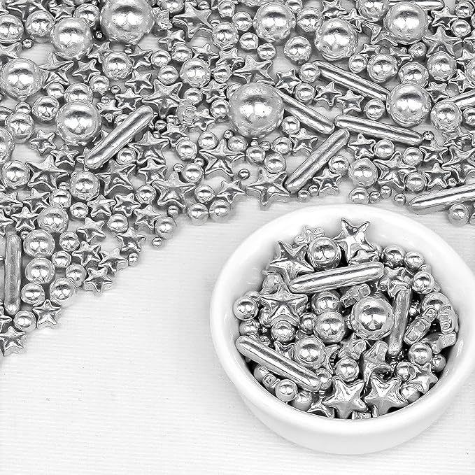 Silver Pearl Rods Star Sugar Christmas Sprinkles, Silver Sprinkles for Cake, Edible Pearls Baking Candy, 150g/5.29oz Mix Size, Cupcake Decoration, Wedding Party Supplies