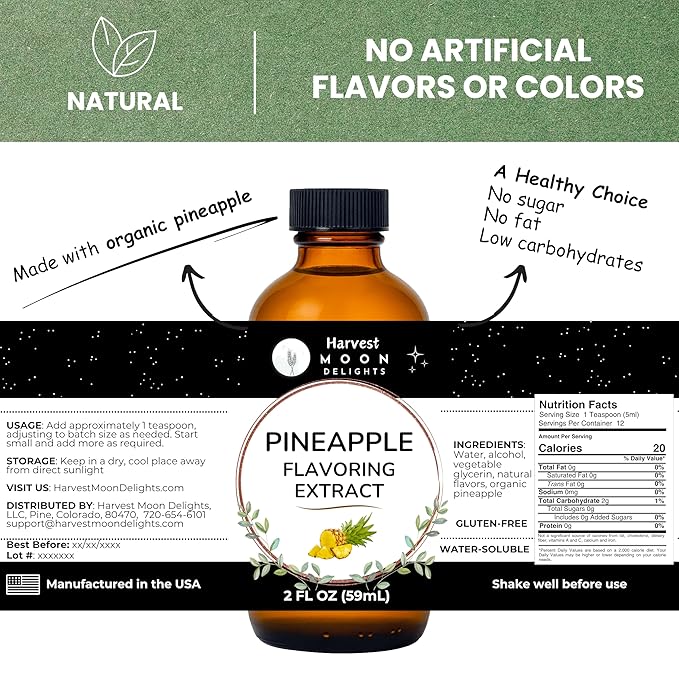 Natural Pineapple Extract for Baking, Ice Cream, Drinks, and Candy - 2 oz - Water-Soluble - By Harvest Moon Delights - Pineapple Flavoring, Flavor