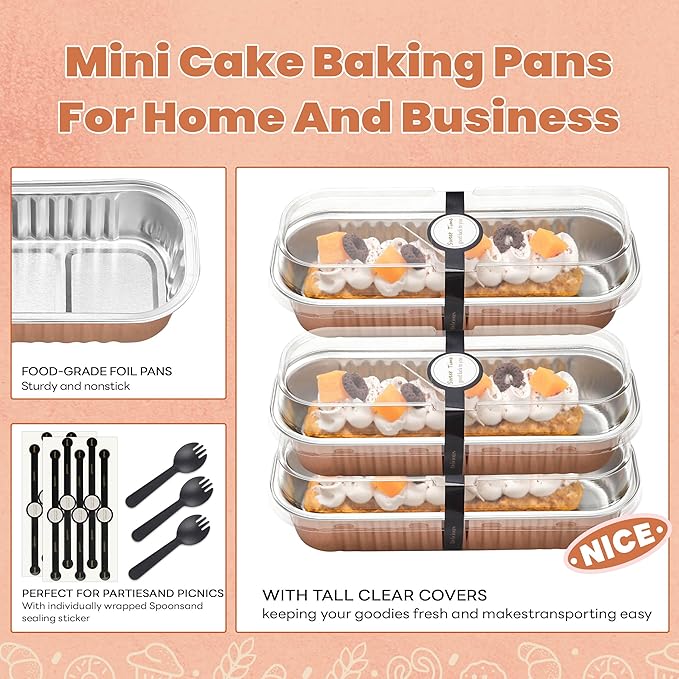 50 PACK Mini Cake Pans with Lids and Spoons, Rectangular Aluminum Foil Bread Pan, Mini Loaf Pans and Food Containers with Lids(Champagne, 6.8oz)