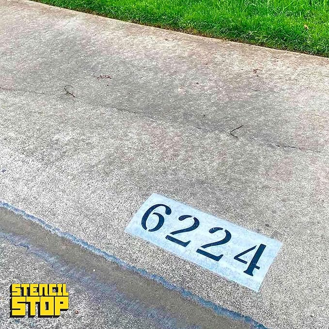 Curb Stencil Kit for Address Painting – Includes All Numbers, 4-Inch Durable & Reusable Plastic Stencils for Sidewalks, Pavement, and Industrial Use (2 of Each, Soft Serif Font with Curb Frame)