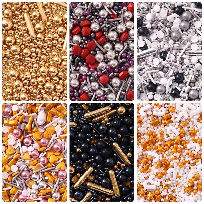 Sprinkles For Cake Decorating, Cupcake, Cookies, Ice Cream Topper, 6 Packs Gold Sprinkles, Silver Sprinkles, Luxury of assorted Sprinkles for Cake Baking, Perfect For Birthdays, Wedding