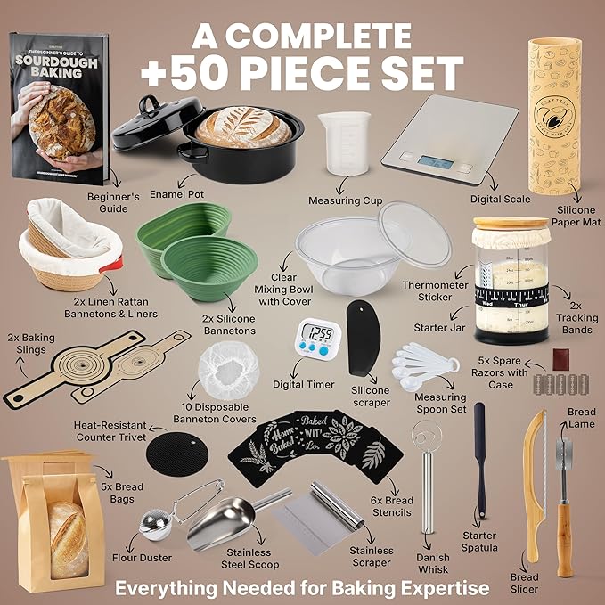 Super Deluxe All-Inclusive 𝗣𝗥𝗘𝗠𝗜𝗨𝗠 Sourdough Starter Kit with Pot. Sourdough Bread Baking Supplies, Scale, Oval & Round Baking Slings, 4 proofing Baskets, Bowl, Timer, Beginner Guide & Recipes