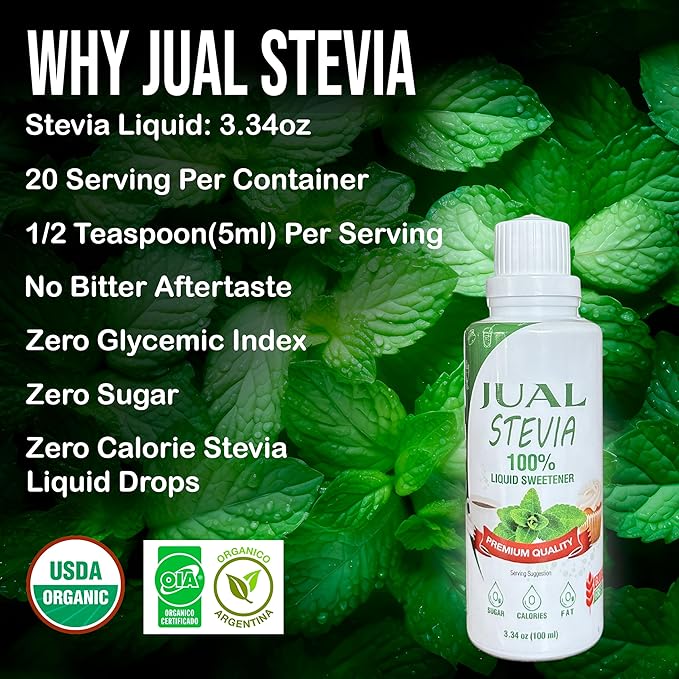 JUAL Natural Liquid Stevia Sweetener – 3.34 Fl Oz – Zero Calorie, Zero Sugar, Zero Carb – Stevia Drops for Coffee, Tea & Baking