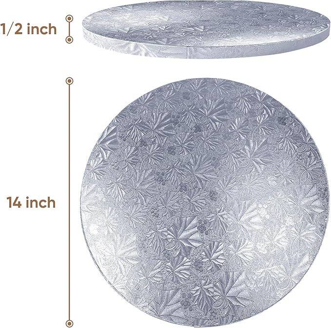 Cakebon Cake Boards - Sturdy 1/2 Inch Thick Drums - 14 Inch Professional Smooth Straight Edges Silver 6-Pack