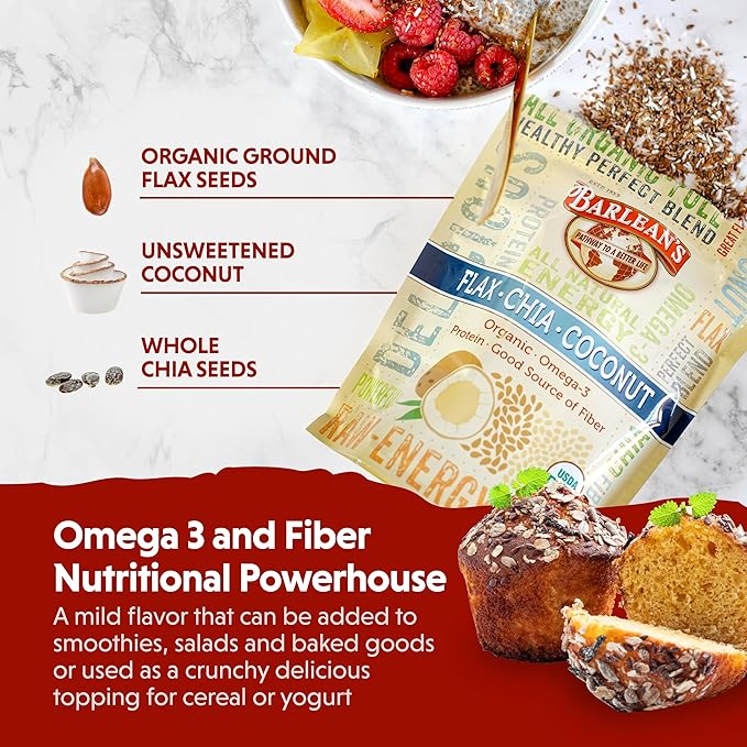 Barlean's Organic Flax Chia Coconut Seed Blend with 2,330 mg Omega 3 Fatty Acids, Fiber Supplement with Whole Chia Seeds and Ground Flaxseed, 12 oz