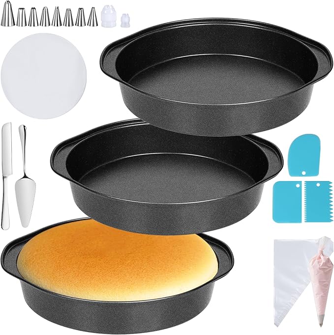 Cake Pan Set - 138 Piece 8-inch Round Cake Pans, Carbon Steel Cake Pan with Handles, Cake Decorating Kit with Parchment Papers, Piping Bag and More Accessories