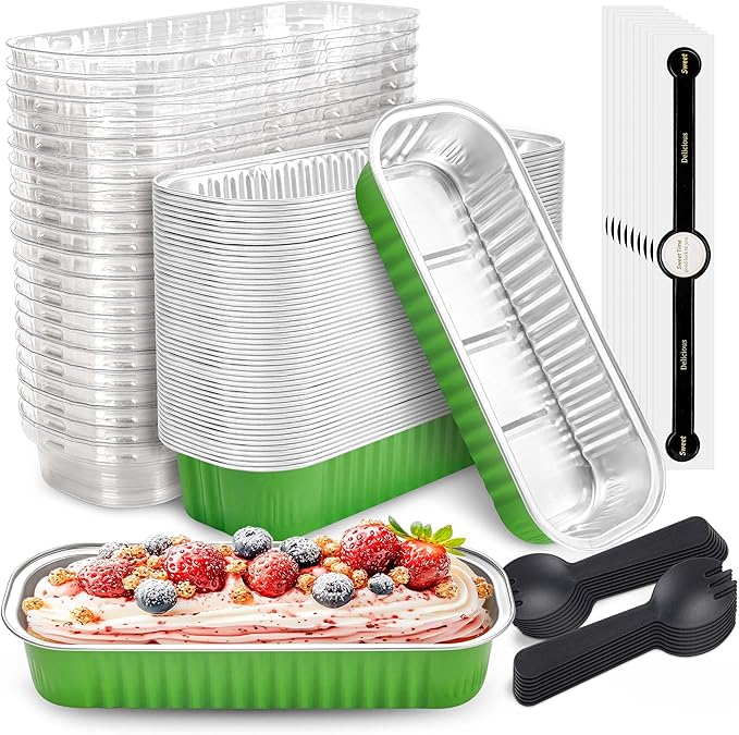 50 PACK Mini Cake Pans with Lids and Spoons, Rectangular Aluminum Foil Bread Pan, Mini Loaf Pans and Food Containers with Lids(Grass Green, 6.8oz)