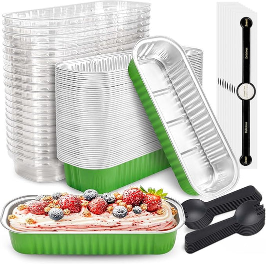 50 PACK Mini Cake Pans with Lids and Spoons, Rectangular Aluminum Foil Bread Pan, Mini Loaf Pans and Food Containers with Lids(Grass Green, 6.8oz)
