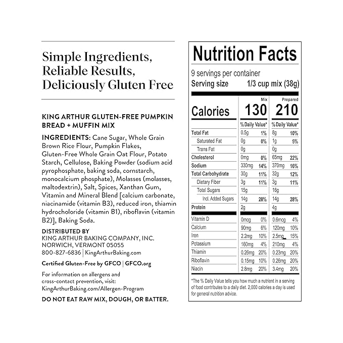 King Arthur, Gluten Free Pumpkin Bread + Muffin Mix, Gluten-Free, Non-GMO Project Verified, Certified Kosher, 12 Ounces (Pack of 2)