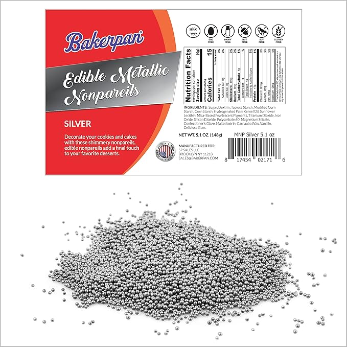 Bakerpan Edible Silver Nonpareils Sprinkles for Cupcakes, Silver Sprinkles Edible for Cake Decorating - 5.1 Ounces (Made in USA)