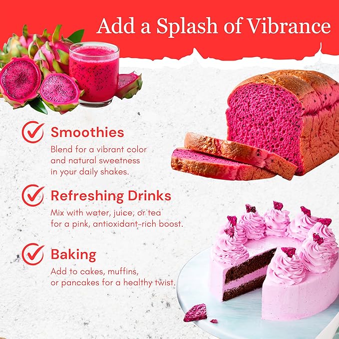 Byait Freeze Dried Dragon Fruit Powder 1 lb, Fine Pitaya Powder for Food Coloring, Baking, Smoothies, Drinks, Ice Cream, Cocktails, Vegan, Non-GMO, No Added Sugar