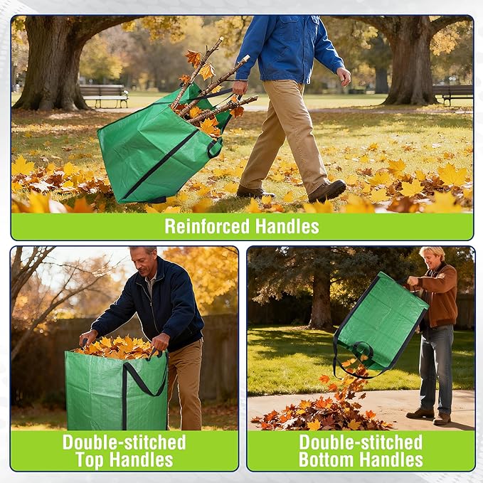 WORKPRO Heavy Duty 72-Gallon Reusable Yard Waste Bags, 3 Pack Self-standing Leaf and Lawn Bags with Reinforced Handles, Garden Waste Bags for Debris, Leaves, Grass, and Outdoor Recycling, Green