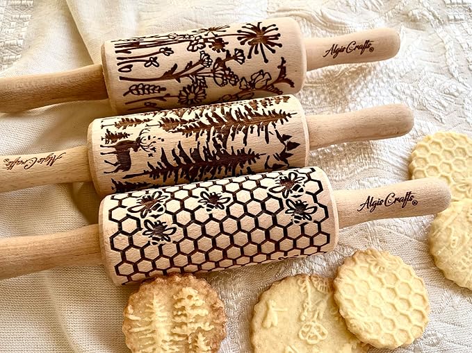 3 mini Embossed Rolling Pin Set WILD with Bees, Meadow and Forest Patterns by Algis Crafts for Cookies and Pottery by Algis Crafts