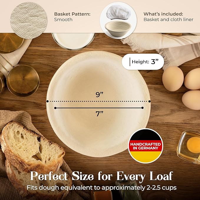 Sourdough Proofing Basket and Starter Jar Kit – 1.1 LB Round Wood Pulp Banneton (Made in Germany) with 24 oz Sourdough Starter Jar, Thermometer Strips & Spatula – Beginner Bread Proofing Set
