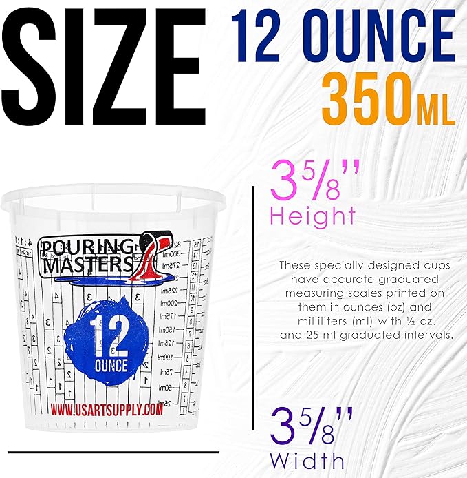 Pouring Masters 12 Ounce (350ml) Graduated Plastic Mixing Cups (Box of 20) - Paint Mixing Cups for Epoxy Resin, Art, Kitchen, Baking - Measurements in OZ and ML, 4 Different Measuring Ratios 1:1