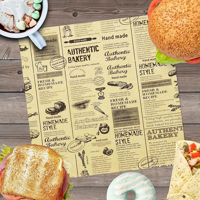 10" x 10" - 200 Pk - Brown Food Word Text Grease-Resistant Wrap Paper, Basket Liners Deli Paper, Best Kraft Food Wrapping Paper Sheets for Bakery, Picnic, Festival, Fair or BBQ (Kraft Bake)