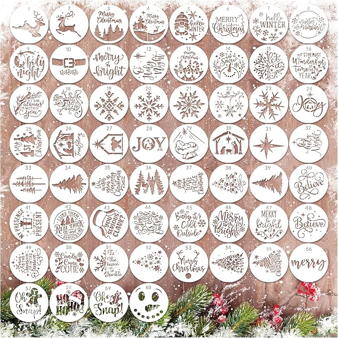 60pcs Christmas Stencils for Painting on Wood 3 Inch Small Nativity Ornament Reusable Holiday Xmas Drawing Stencil Templates for Wood DIY Crafts Card Paper Gift Home (Winter)