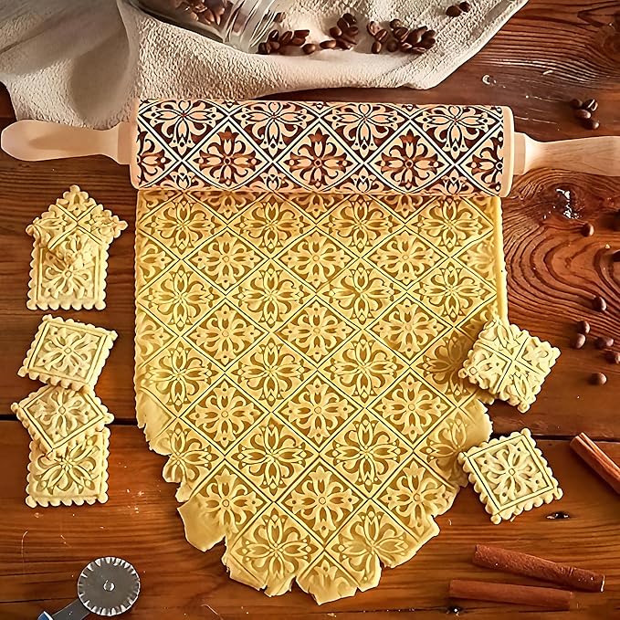 17" Premium Wooden Rolling Pins for Baking with European Embossed Designs | 3mm Deep Springerle Cookie Molds | Christmas Rolling Pin & Baking Gifts for Women | Includes 3-in-1 Cleaning Brush