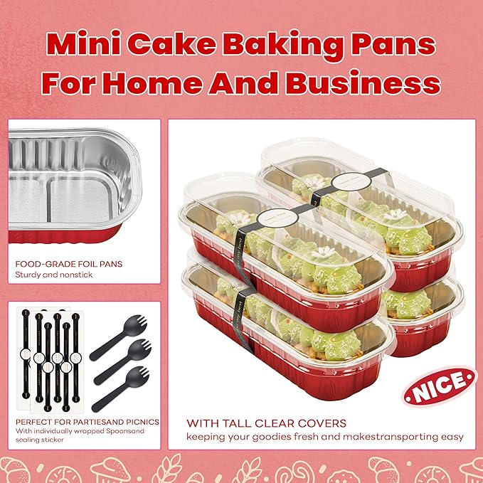 Mini Loaf Pans with Lids and Spoons Rectangular Aluminum Foil Baking Pans Mini Cheesecake Containers 6.8oz(60 Pack, Red)