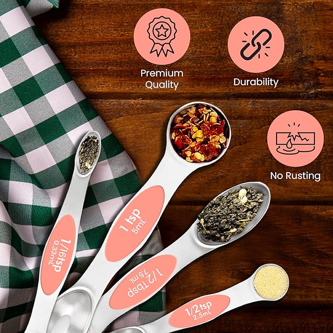 Magnetic Measuring Spoons Set of 9 Stainless Steel Dual-Sided Stackable Measuring Spoon Nesting Teaspoons Measuring Dry and Liquid Ingredients, Fits in Spice Jars Set of 9 (Peach)