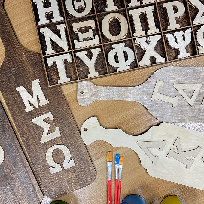 2 Inch 120 Pieces Wooden Greek Letters Bold Font Unfinished Wood Greek Alphabets with Rustic Tray for Large Paddles Embellishment/Sorority/Fraternity/DIY Project/Learning/Wall Decor